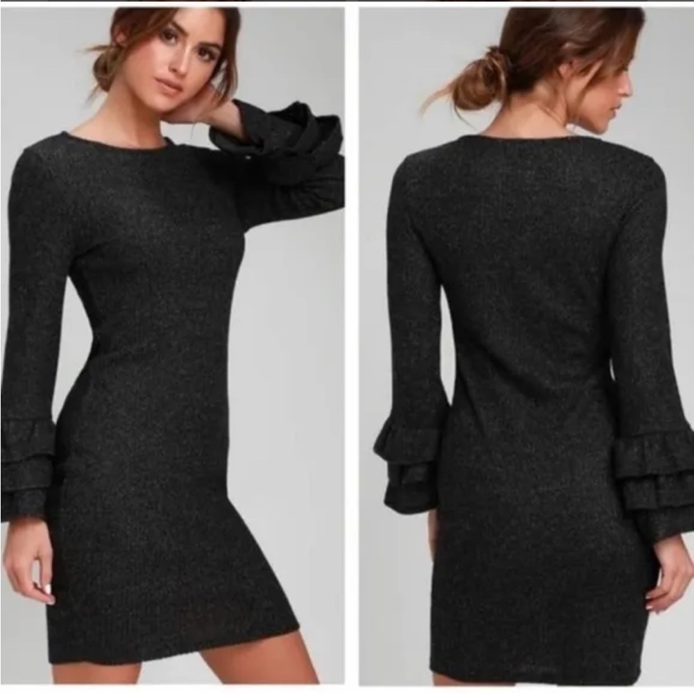 Women’s Gray Long Sleeve Flare Midi Bodycon Lulu’s Sweater Dress Large - Picture 9 of 13